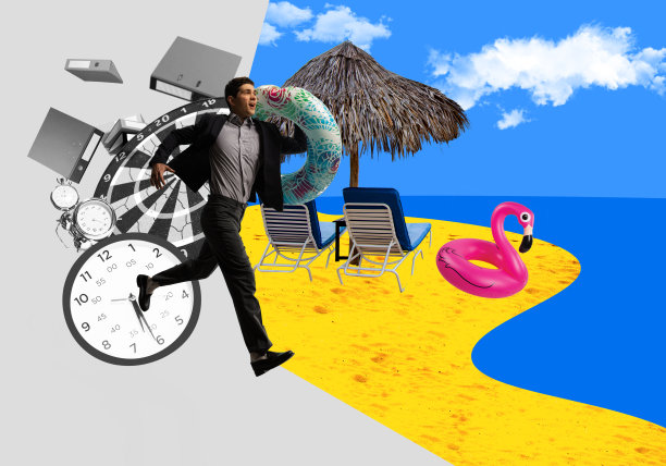 完成最后期限，去度暑假。兴奋的年轻人，员工带着游泳圈跑向海滩。当代艺术拼贴。图片下载