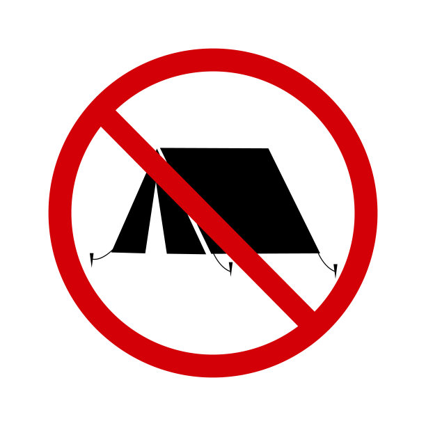没有露营标志。禁止标示，请勿搭帐篷。一个红色划掉的圆圈，里面有一个帕拉卡的剪影。不允许露营。野营的禁令。圆形红色停止露营标志。图片下载