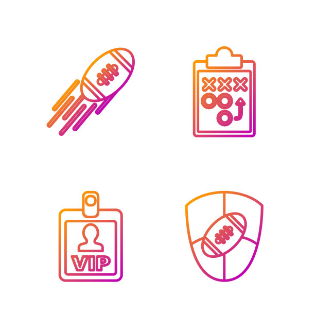 一套美式橄榄球和盾牌、贵宾徽章、美式橄榄球和规划战略概念图标。渐变色图标，矢量图图片下载