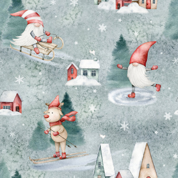 水彩北欧斯堪的纳维亚侏儒无缝图案。圣诞印刷薄荷的背景。图片下载