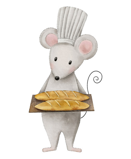 水彩可爱的老鼠面包师拿着一个托盘与法棍图片下载