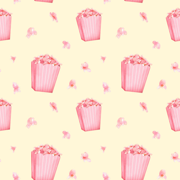 一个粉色爆米花桶的无缝图案与柔和的黄色背景印刷。2000年派对的有趣小吃。数字水彩图片下载