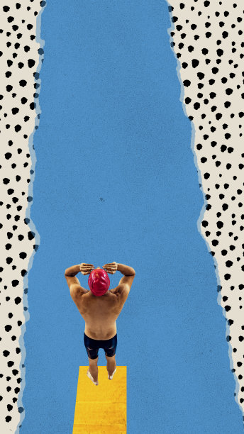 男子俯视图，专业游泳运动员准备跳跃和游泳。戴泳帽，戴护目镜的男人。当代艺术拼贴。图片下载