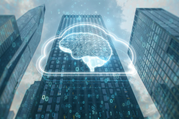 人工智能硬件概念。在模糊的城市背景上，发光的云脑和编码全息图。大数据处理，人工智能交易，机器学习，技术背景。双重曝光。图片下载