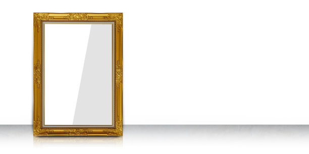 正面视图白色和灰色纸在金色矩形框架放置在灰色地板，白色墙壁背景，对象，装饰，时尚，礼品，照片，复印空间图片下载