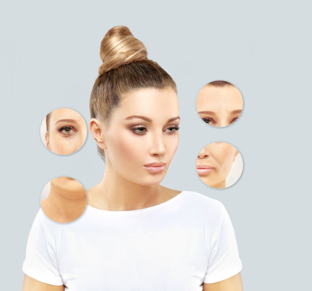老化。成熟的女人，年轻的女人。有皮肤问题的脸。展示前后的照片图片下载