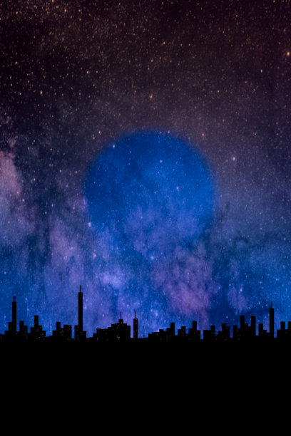 夜晚，城市的轮廓映衬着深蓝色的天空和星星图片下载