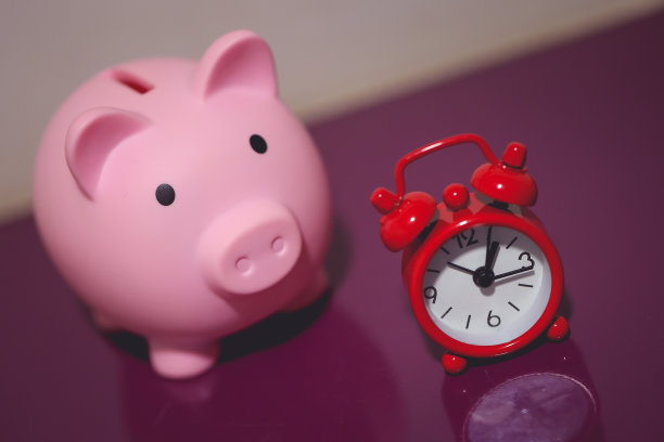 一个存钱罐和一个红色闹钟。金融的概念。图片下载