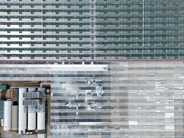 无人机拍摄的一个种植商业植物的巨大的商业玻璃屋。图片下载