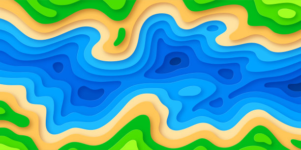 河剪纸地形浮雕仿多层旗，鸟瞰图图片下载