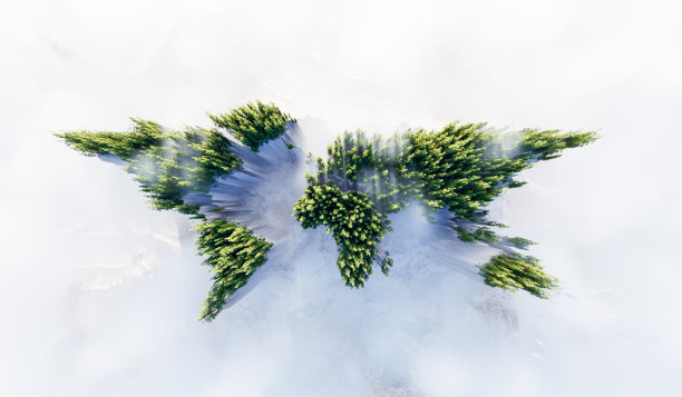 这张照片显示了地球以茂密而健康的森林的形式生长在悬崖状的大陆上，这些大陆从白云中升起。3 d渲染。图片下载