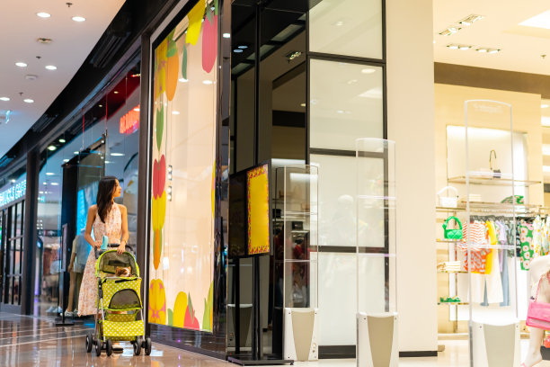 一名亚洲女子推着婴儿车里的吉娃娃狗走在商场里。图片下载