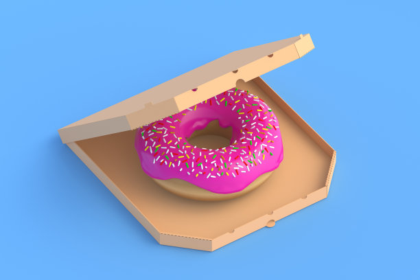 披萨盒里的甜甜圈。快餐概念。食品交付。不健康的零食。三维渲染图片下载