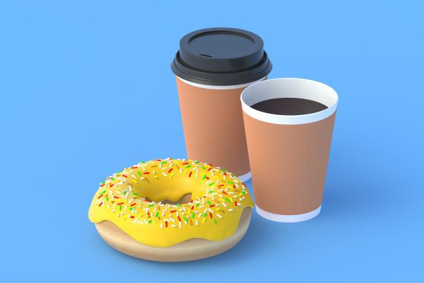 咖啡杯旁的甜甜圈。快餐概念。食品交付。不健康的零食。三维渲染图片下载