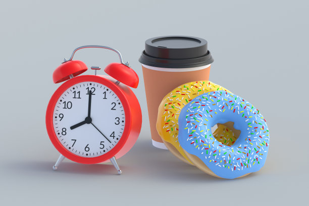 杯子旁边有甜甜圈、饮料和闹钟。快餐概念。交付时间。不健康的零食。三维渲染图片下载