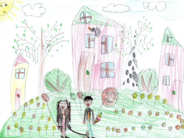 孩子在户外散步时画的一个幸福的家庭。幼稚风格的铅笔艺术图片下载