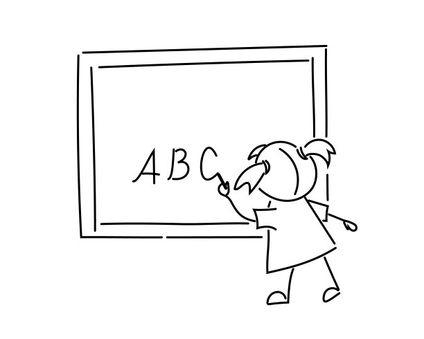 黑板前的小学生。这个女孩用粉笔写字。白色背景上的黑色轮廓。矢量图图片下载