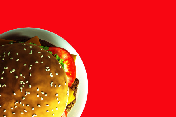 3D渲染奶酪汉堡与牛肉，奶酪，番茄，生菜，洋葱，培根和酱汁在红色的背景。副本的空间。创意或艺术食品概念图片下载