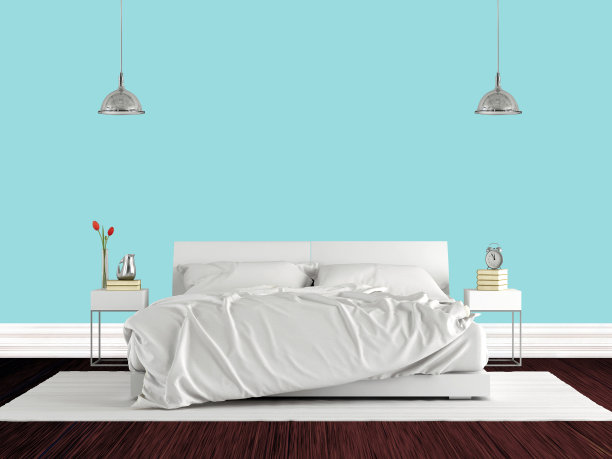 极简主义的主卧室，双人床对着明亮的蓝色墙壁- 3d渲染图片下载