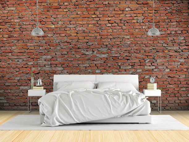 极简主义的主卧室与双人床对砖墙- 3d渲染图片下载