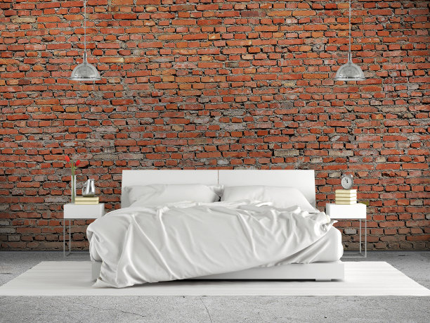 极简主义的主卧室与双人床对砖墙- 3d渲染图片下载