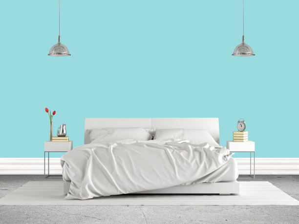 极简主义的主卧室，双人床对着明亮的蓝色墙壁- 3d渲染图片下载