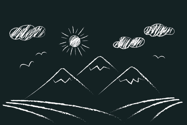 山、太阳、云、海鸥——这些都是孩子用彩色铅笔随手画的。海景插图孤立的白色背景图片下载