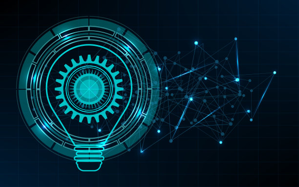 抽象的灯泡里面有齿轮。Internet Technology三角形图标是一个多边形网络的概念图片下载