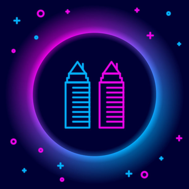 闪烁的霓虹灯线在第聂伯罗城市的两个高层住宅楼图标孤立的黑色背景。色彩缤纷的轮廓概念。向量图片下载