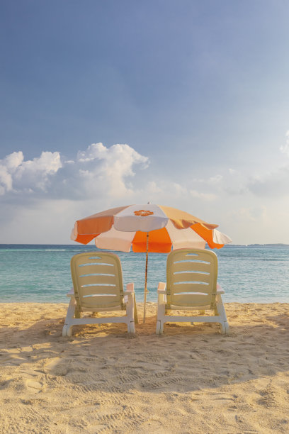 沙滩上的沙滩伞和日光浴床图片下载