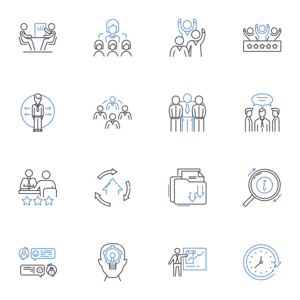 公开演讲研讨会线路图标集合。自信，沟通，演示，舞台，紧张，观众，交付矢量和线性插图。发音，准备，参与大纲标志设置图片下载