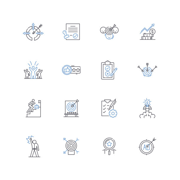 目的是收集线条图标。意图，使命，目标，目标，计划，目的，方向矢量和线性插图。设计，抱负，抱负概述标志设置图片下载