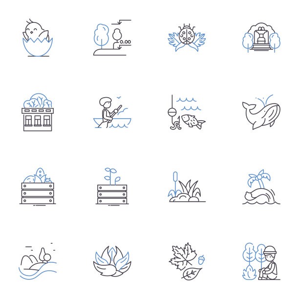 农村生命线图标收藏。农业，农业，自然，收获，野生动物，质朴，简单的矢量和线性插图。宁静，家园，宁静轮廓标志设置图片下载