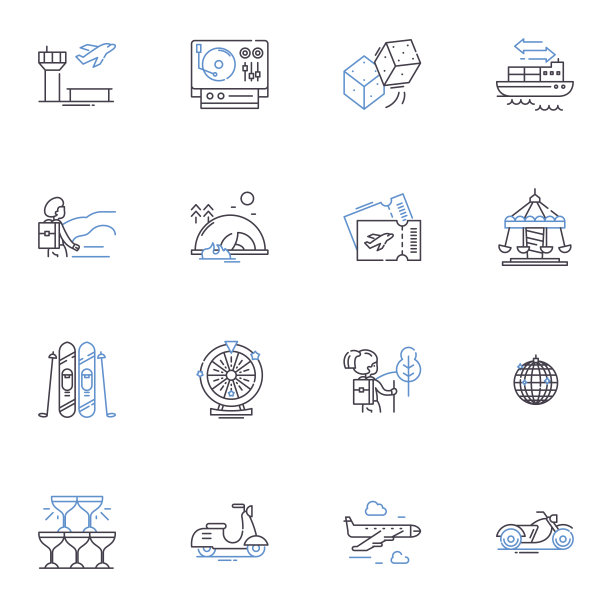 娱乐线图标集合。冒险，露营，骑自行车，远足，钓鱼，划船，皮划艇矢量和线性插图。瑜伽，跑步，舞蹈的轮廓标志设置图片下载