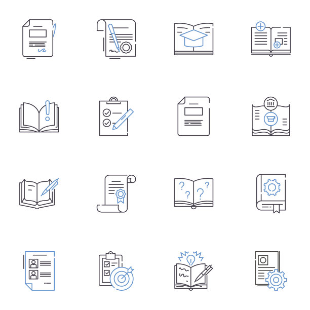 打印文档行图标收集。采购产品墨水，打印机，纸张，页面，图形，文本，图像矢量和线性插图。字体，排版，校对，轮廓标志集图片下载