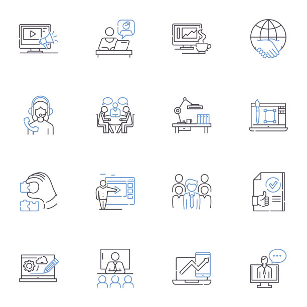 流程线图标收集。工作流程，程序，系统，方法，生产，自动化，进度矢量和线性插图。加工，执行，优化轮廓标志设置图片下载