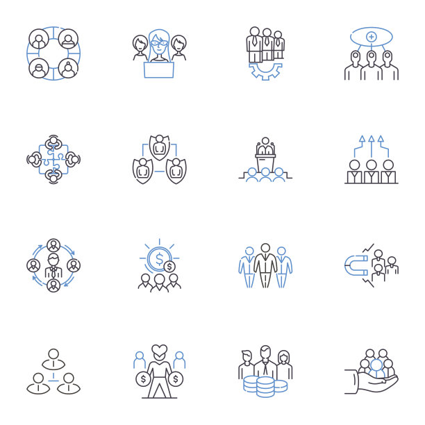 包组线图标收集。合奏，协作，凝聚力，团结，协同，团队合作，团契矢量和线性插图。债券，协会，社区轮廓标志设置图片下载