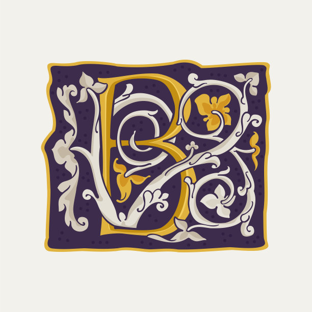 B字母滴帽标志。方形中世纪首字母与金色纹理和白色藤蔓。文艺复兴书法会徽。图片下载