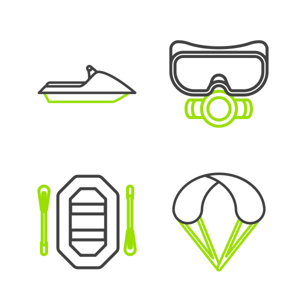 设置线降落伞，漂流船，潜水面具和喷气滑雪图标。向量图片下载