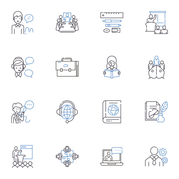 给课线图标收集。指导，教学，教育，辅导，指导，辅导，指导矢量和线性插图。展示，演示，解释大纲符号设置图片下载