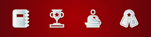 设置笔记本，奖杯，演讲和奖章与明星图标。向量图片下载