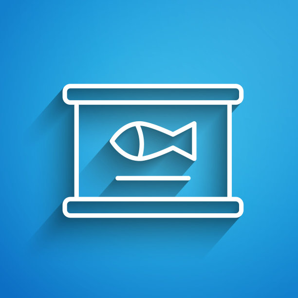 白线罐头鱼图标隔离在蓝色背景。长长的阴影。向量图片下载