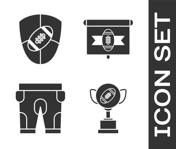 集奖杯和美式足球、美式足球和盾牌、美式足球短裤和美式足球电视节目图标。向量图片下载