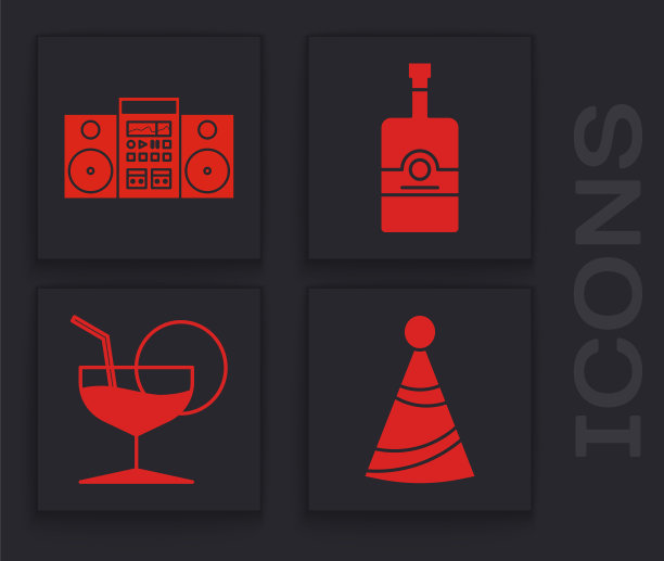 集聚会帽，家庭立体声与两个扬声器，威士忌酒瓶和马提尼玻璃图标。向量图片下载