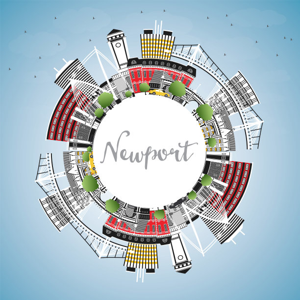 新港威尔士城市天际线与彩色建筑，蓝天和复制空间。矢量插图。新港英国城市景观与地标。图片下载