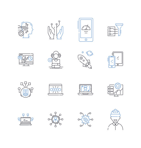 远程控制设备线图标收集。博士，汽车，飞机，直升机，船，坦克，机器人矢量和线性插图。玩具，四轴飞行器，潜艇轮廓标志设置图片下载