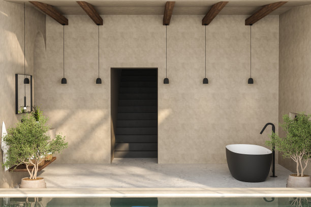 一个极简主义的浴室，有光滑的浴室梳妆台，黑白浴缸，壁挂式镜子，植物，哑光大理石地板，米色墙壁和一个小游泳池。三维渲染图片下载