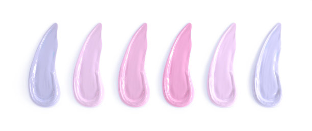 口红涂抹，样品的液体唇彩化妆调色板3d渲染集。现实的模型粉彩，淡紫色和红色的女性化妆品污迹隔离在白色的背景图片下载