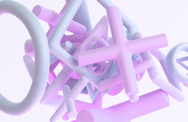 抽象的背景与几何三维形状。哑光粉彩蓝色丙烯酸或塑料的数字。飞行的十字架，戒指，三角形和正方形渐变纹理，壁纸，图案图片下载