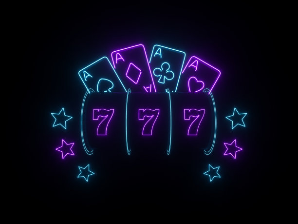 未来的黑色老虎机，四个王牌和星星与紫色和蓝色霓虹灯- 3D插图图片下载